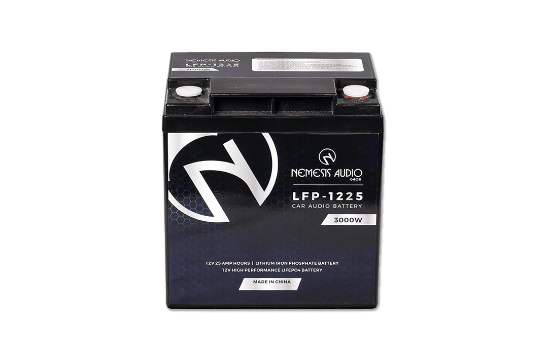 Nemesis Audio | LFP-1225 | 12V | 25Ah | LiFePO4 battery, 3000W rating. Compact, lightweight, UN3480 certified power source.