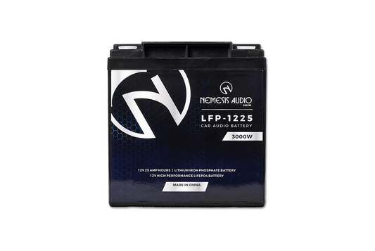 Nemesis Audio -  LFP-1225 - 12V 25Ah LiFePO4 battery, 3000W rating. Compact, lightweight, UN3480 certified power source.