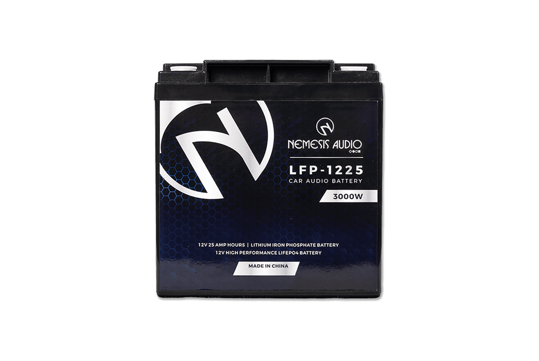 Nemesis Audio | LFP-1225 | 12V | 25Ah | LiFePO4 battery, 3000W rating. Compact, lightweight, UN3480 certified power source.