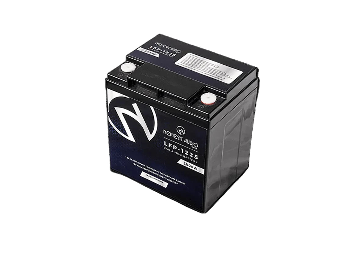 Nemesis Audio | LFP-1225 | 12V | 25Ah | LiFePO4 battery, 3000W rating. Compact, lightweight, UN3480 certified power source.