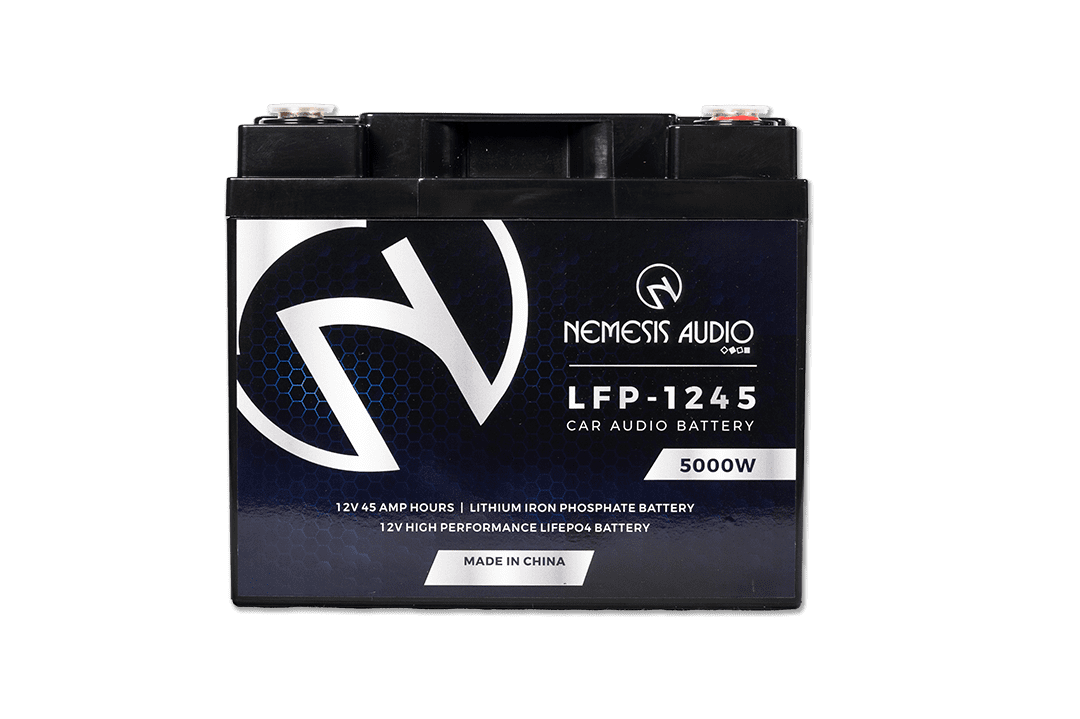 Nemesis Audio -  LFP-1245 - 12V 45Ah LiFePO4 battery, 5000W rating. Reliable, durable lithium performance for car audio.