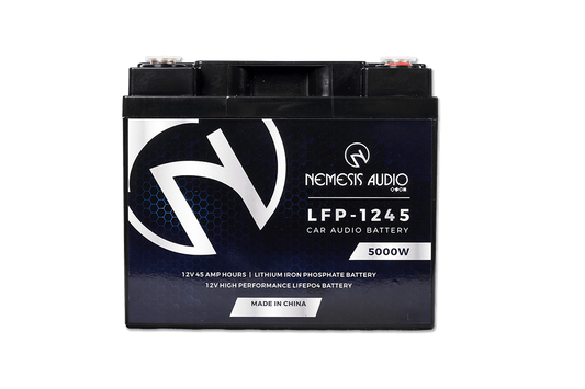 Nemesis Audio -  LFP-1245 - 12V 45Ah LiFePO4 battery, 5000W rating. Reliable, durable lithium performance for car audio.