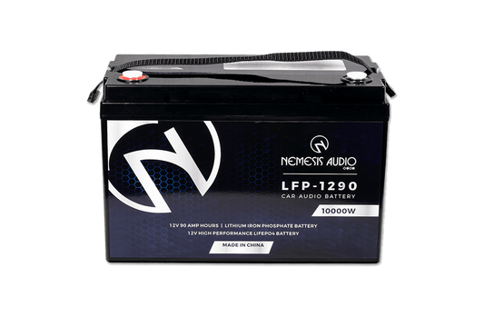 Nemesis Audio -  LFP-1290 - 12V 90Ah LiFePO4 battery with 10,000W rating. Heavy-duty lithium power for extreme systems.