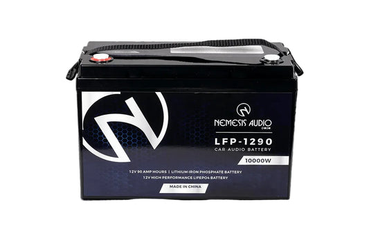 Nemesis Audio |  LFP-1290 | 12V | 90Ah | LiFePO4 battery with 10,000W rating. Heavy-duty lithium power for extreme systems.