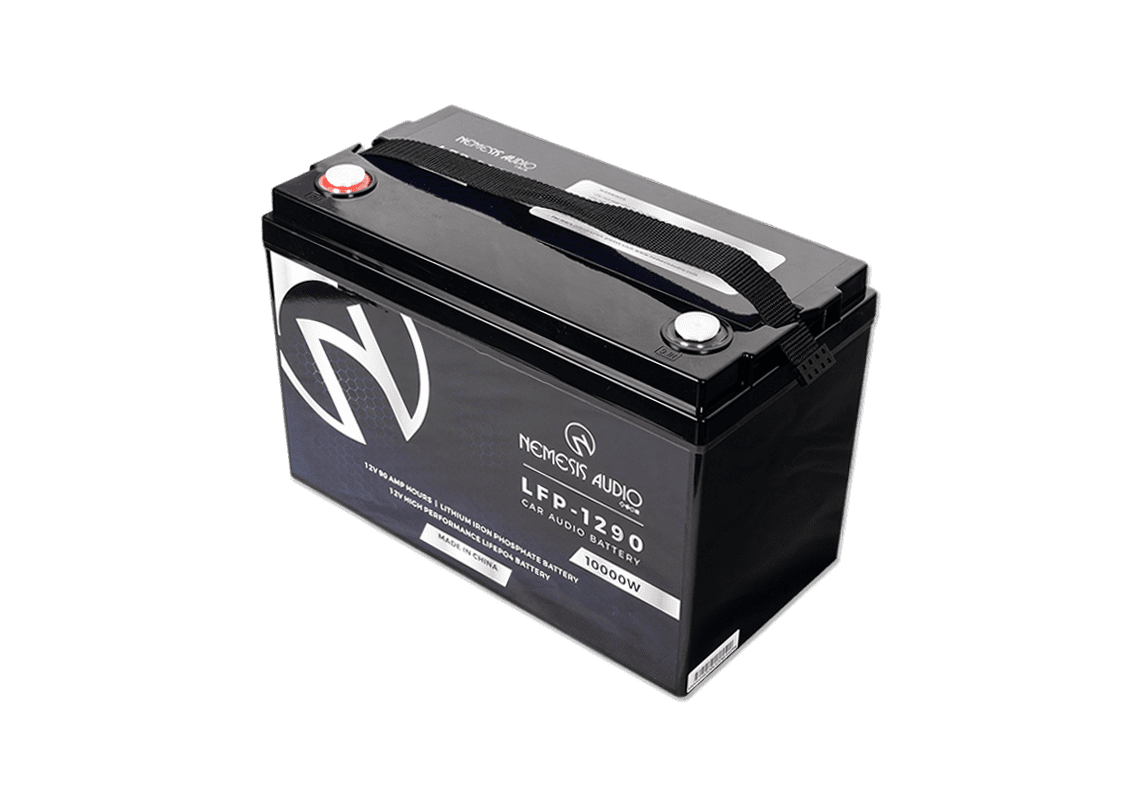 Nemesis Audio |  LFP-1290 | 12V | 90Ah | LiFePO4 battery with 10,000W rating. Heavy-duty lithium power for extreme systems.