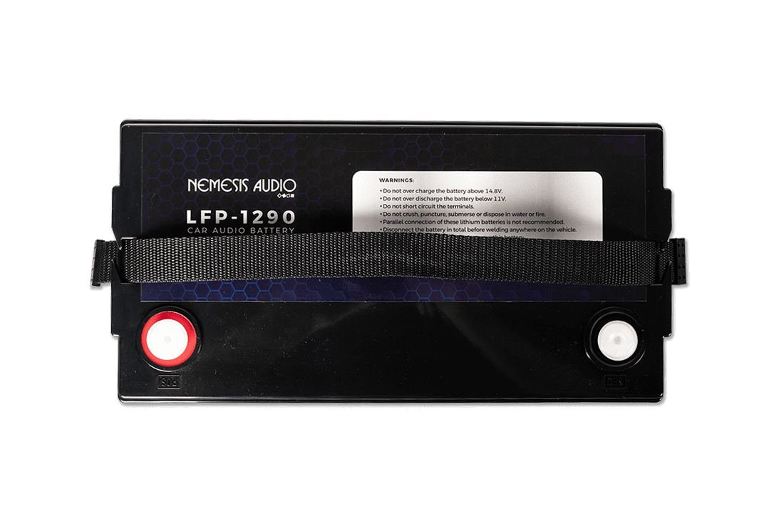 Nemesis Audio -  LFP-1290 - 12V 90Ah LiFePO4 battery with 10,000W rating. Heavy-duty lithium power for extreme systems.