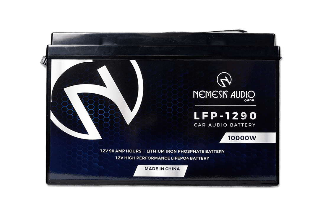 Nemesis Audio |  LFP-1290 | 12V | 90Ah | LiFePO4 battery with 10,000W rating. Heavy-duty lithium power for extreme systems.