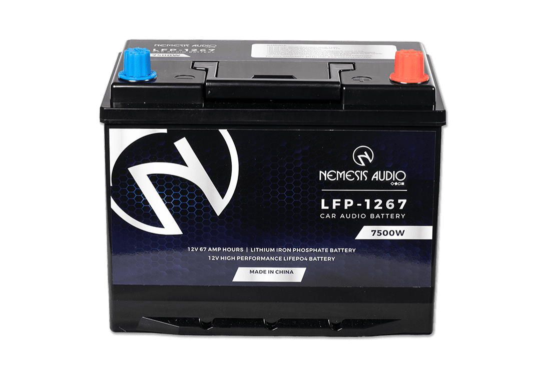 Nemesis Audio -  LFP-1267 - 12V 67Ah LiFePO4 battery, 7500W rating. High-capacity, efficient, UN3480 certified.