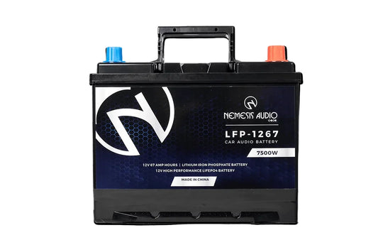 Nemesis Audio |  LFP-1267 | 12V | 67Ah | LiFePO4 battery, 7500W rating. High-capacity, efficient