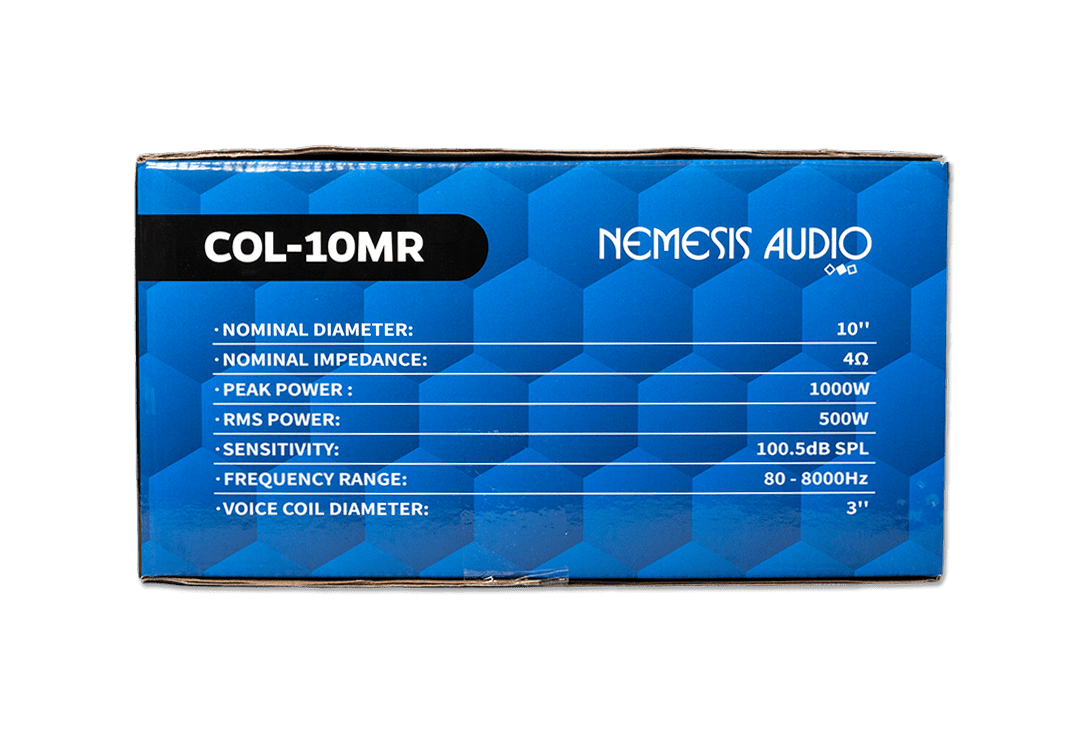 Nemesis Audio - COL-10MR 10″ midrange speaker rated 500W RMS / 1000W peak. High-sensitivity design with a 3″ coil for loud, clear mids.