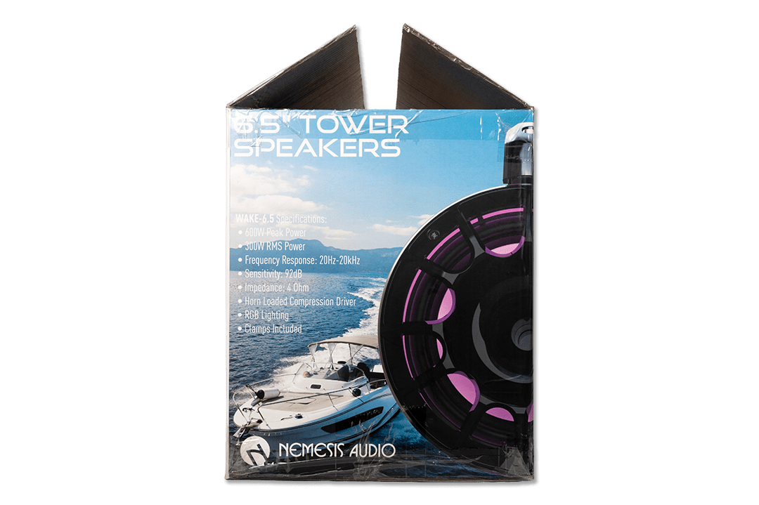 Nemesis Audio -  WAKE-6.5 -  6.5″ marine (boat) tower speakers, 300W RMS / 600W peak, horn-loaded compression driver, RGB lighting, IP65 rating.