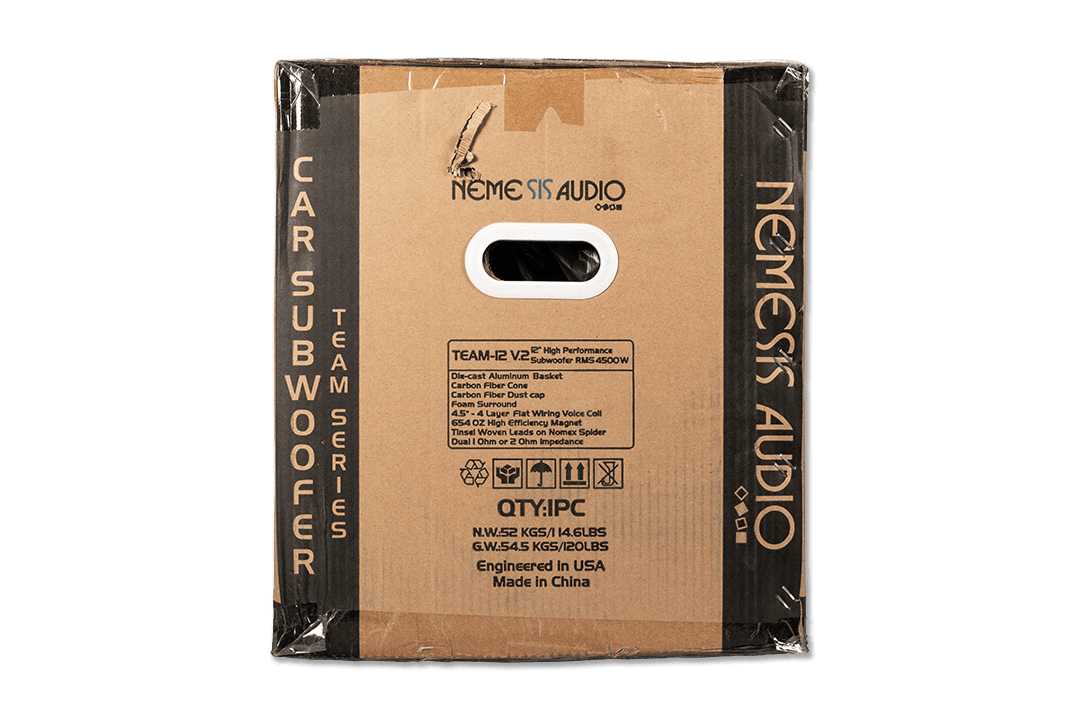 Nemesis Audio -  TEAM-12 V.2 - 12″ High Performance Subwoofer, 4500W RMS. Carbon fiber cone, 4.5″ voice coil, and massive 654 oz magnet.