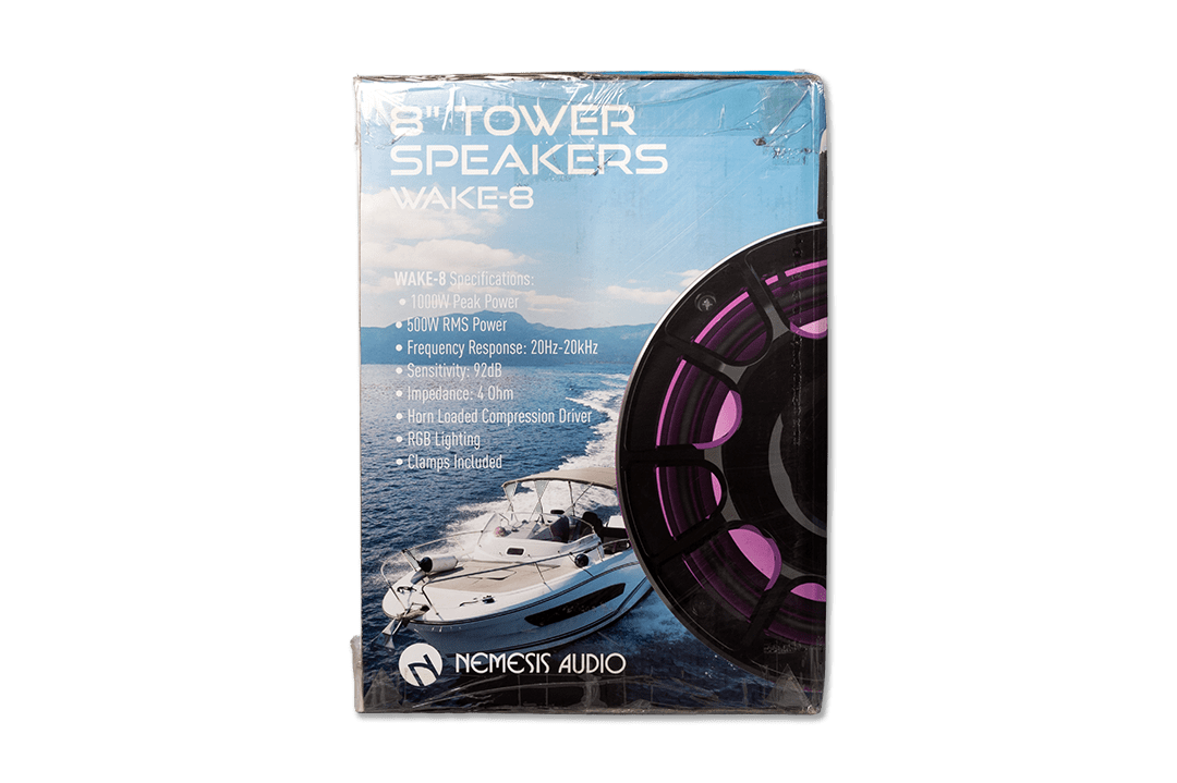 Nemesis Audio - WAKE-8 - 8″ marine (boat) tower speakers, 500W RMS / 1000W peak. RGB lighting and horn-loaded driver.