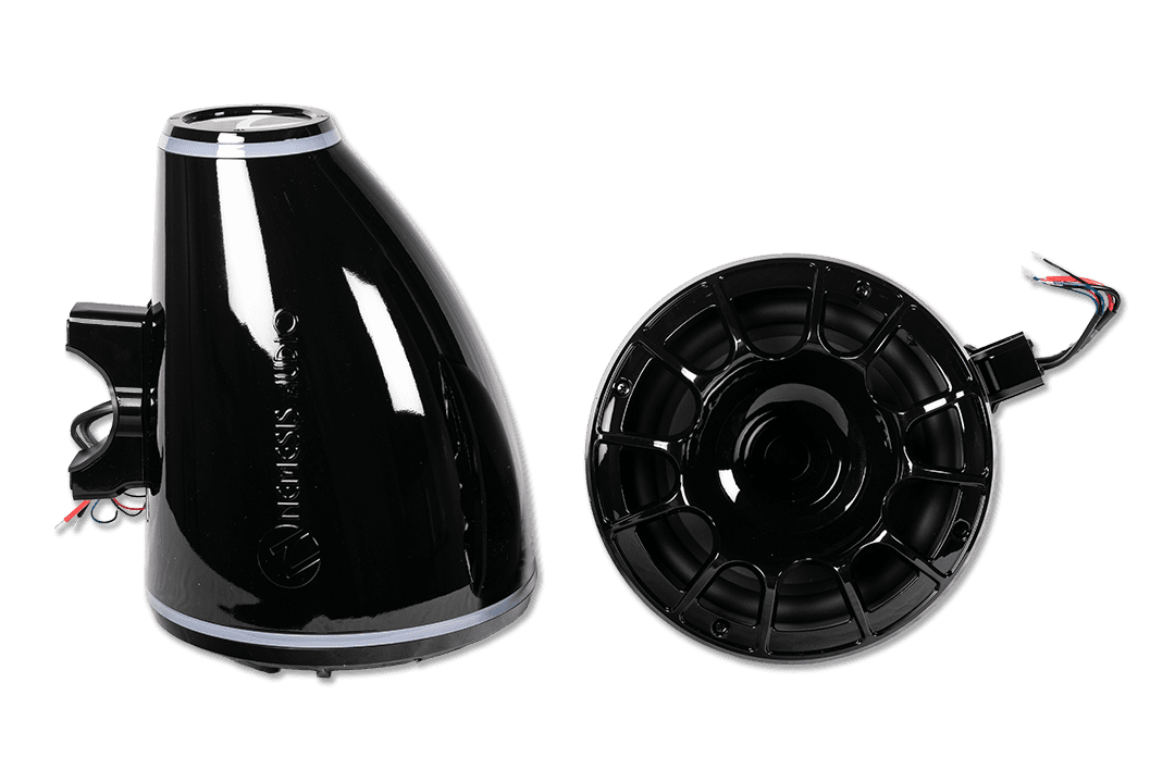Nemesis Audio - WAKE-8 - 8″ marine (boat) tower speakers, 500W RMS / 1000W peak. RGB lighting and horn-loaded driver.