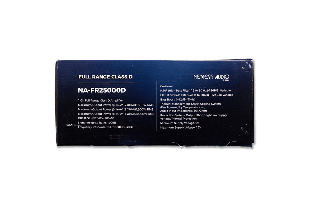NA-FR25000D  |  1-channel full-range Class D amp with 25,000W RMS @1-Ohm. Built for extreme car audio performance.