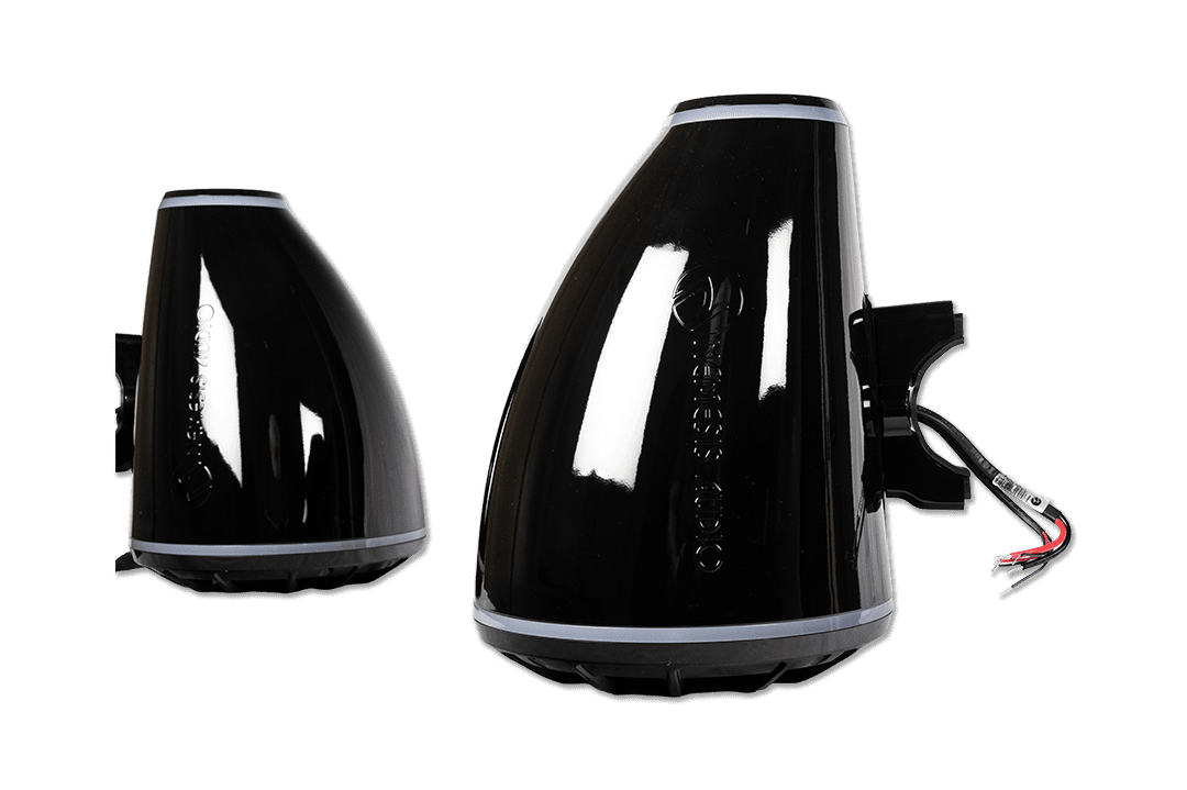 Nemesis Audio - WAKE-8 - 8″ marine (boat) tower speakers, 500W RMS / 1000W peak. RGB lighting and horn-loaded driver.