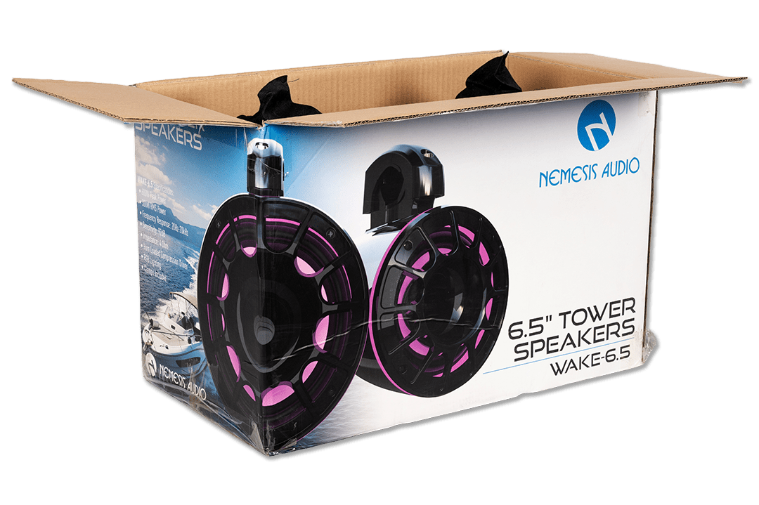 Nemesis Audio -  WAKE-6.5 -  6.5″ marine (boat) tower speakers, 300W RMS / 600W peak, horn-loaded compression driver, RGB lighting, IP65 rating.