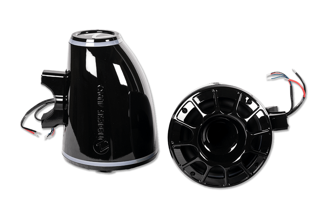 Nemesis Audio -  WAKE-6.5 -  6.5″ marine (boat) tower speakers, 300W RMS / 600W peak, horn-loaded compression driver, RGB lighting, IP65 rating.