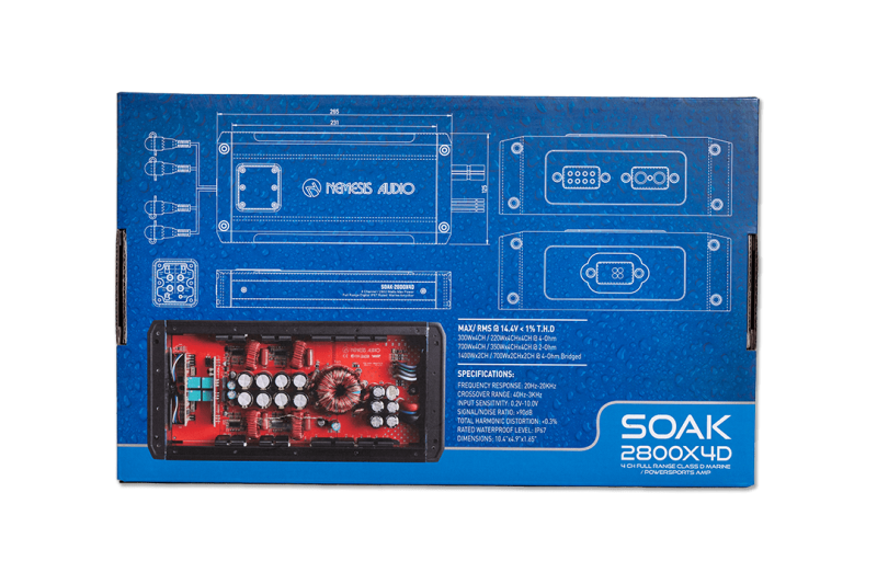 Nemesis Audio  - SOAK-2800X4D IP67 Waterproof 4-Channel Marine Amplifier – 2800W Max