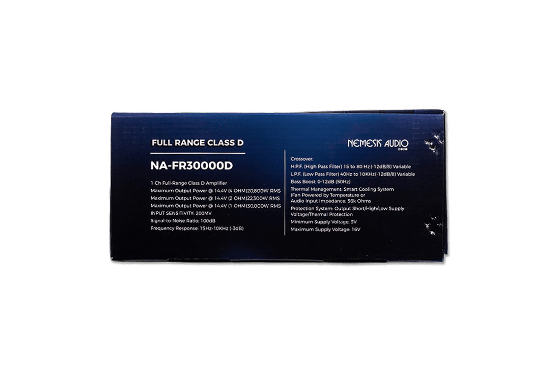 Nemesis Audio - NA-FR30000D 1-channel full-range Class D amplifier, 30,000W RMS @1-Ohm. Smart cooling and high output.