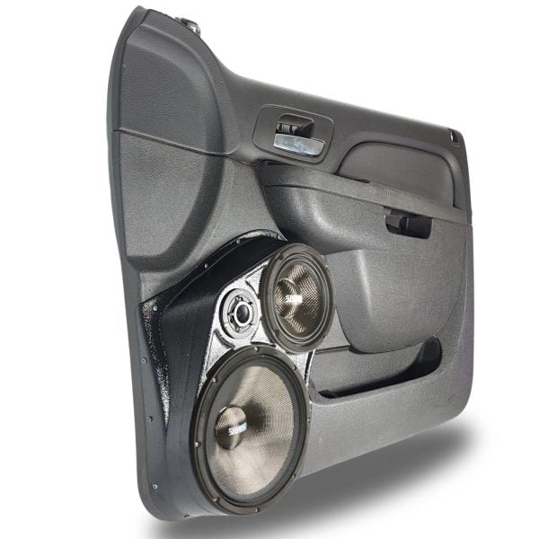 Custom Speaker Pods -  10″ + 6.5″ + 3.5″ Front Door Speaker Pods for the 2010-2013 Chevrolet Silverado, GMC Sierra, 2010-2014 Chevrolet Avalanche, Tahoe, Suburban, GMC Yukon & Cadillac Escalade *UPPER HANDLE*