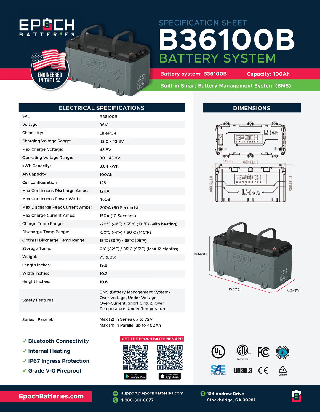 Epoch Batteries - 36V 100Ah LiFePO4 Lithium Battery - Bluetooth, Heating, Waterp image 5