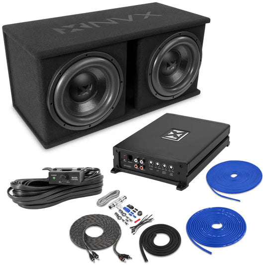 NVX - NPKG212 1000W Peak (500W RMS) Loaded Dual 12" Subwoofer with Slot Ported Enclosure and Monoblock Amplifier with Remote Bass Knob and Amplifier Wiring Kit Sale