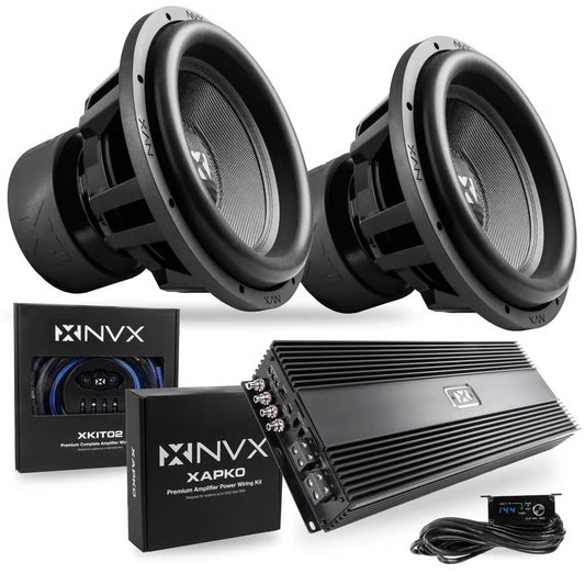 NVX XCW151 + XCA6K + XKIT02 + XAPK0 4000 Watt Peak (2000W RMS) 15" X-Series Dual 1-Ohm SPL Subwoofer + Monoblock Amplifier with 2-Ch Amplifier Wiring Kit w/ RCA with Amplifier Power Wiring Kit w/ Speaker Wire